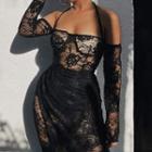 Off-shoulder Lace Long-sleeve Midi Bodycon Dress