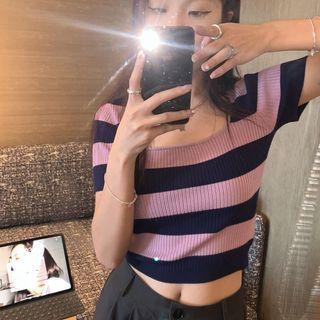 Short-sleeve Square Neck Striped Crop Knit Top