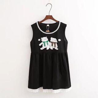 Bear Print Lace Trim Sleeveless Dress