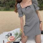 Short-sleeve Checked A-line Mini Dress Black - One Size