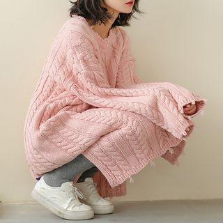 Cable Knit Ripped Midi Sweater Dress Pink - One Size