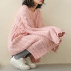 Cable Knit Ripped Midi Sweater Dress Pink - One Size