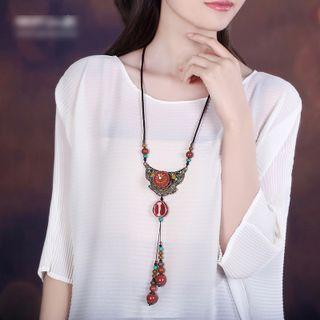 Faux Gemstone Pendant String Necklace Coffee & Red & Dark Silver - One Size