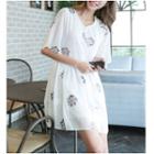 Flower Embroidered Elbow Sleeve Chiffon Dress