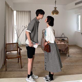 Couple Matching Checked Short-sleeve Shirt / Midi A-line Skirt