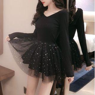 V-neck Long-sleeve Glitter Mini A-line Mesh Dress
