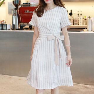 Beribboned Linen Stripe Dress