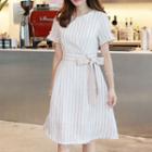 Beribboned Linen Stripe Dress