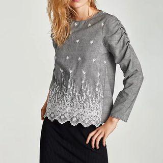 Long-sleeve Embroidery Plaid Top