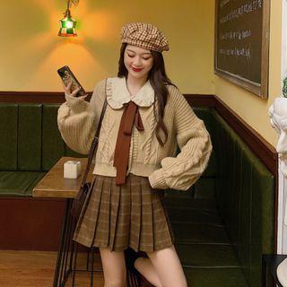 Plain Blouse / Cable-knit Cropped Cardigan / Plaid Mini Pleated Skirt