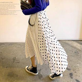 Asymmetric Polka-dot Long Pleated Skirt