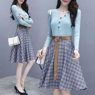 Set: V-neck Knit Buttoned Top + Plaid A-line Skirt