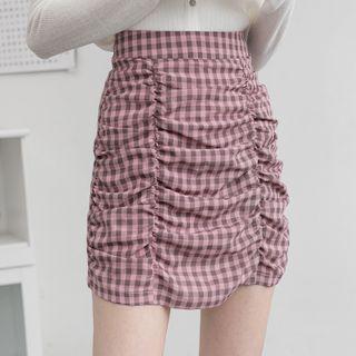 Gingham Shirred Pencil Skirt