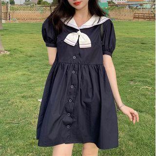 Short Sleeve Sailor Collar Dress Navy Blue - One Size