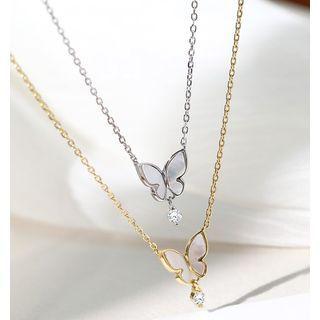 925 Sterling Silver Rhinestone Shell Butterfly Pendant Necklace