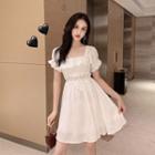Puff Short-sleeve Ruffle A-line Dress White - One Size