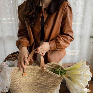 Round-neck Faux-leather Jacket Camel Brown - One Size