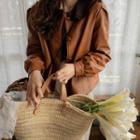 Round-neck Faux-leather Jacket Camel Brown - One Size