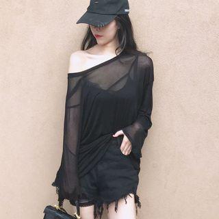 Batwing-sleeve See-through Long-sleeve Top