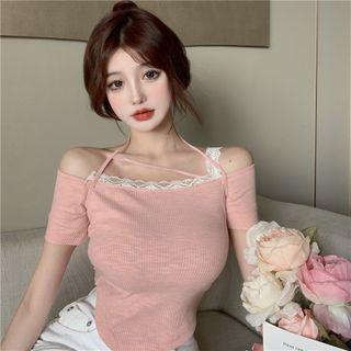 Short-sleeve Halter Mock Two-piece Top