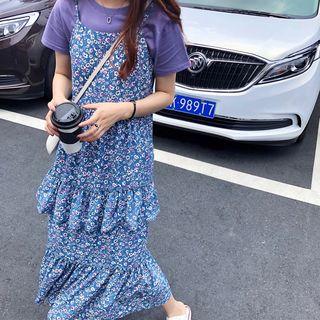 Flower Print Spaghetti Strap Midi Dress Purple - One Size