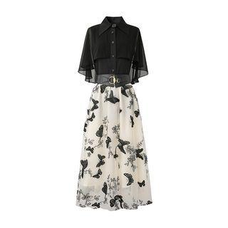 Set: Flared-sleeve Shirt + Butterfly Embroidered Midi A-line Skirt