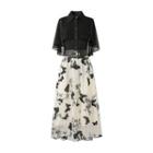 Set: Flared-sleeve Shirt + Butterfly Embroidered Midi A-line Skirt