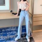 Spaghetti Strap Frill Trim Crop Top / Cutout Straight-fit Jeans