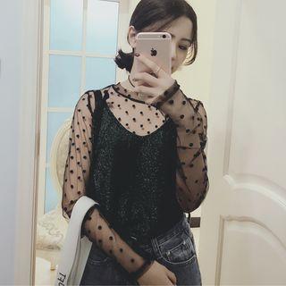 Long Sleeve Dotted Mesh Top / Glitter Camisole Top