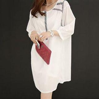 Patterned Trim 3/4 Sleeve Mini Dress