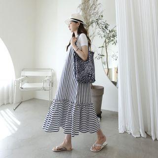 Spaghetti-strap Ruffle-hem Striped Dress Blue - One Size