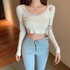 Short-sleeve Scoop-neck Cropped Knit Top