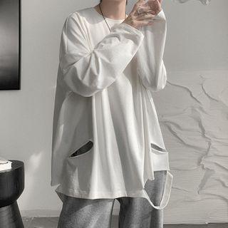 Round Neck Plain Long-sleeve Ripped Top