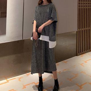 Set: Glitter Elbow-sleeve T-shirt + Midi A-line Skirt