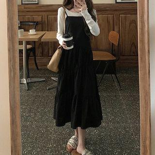 Long-sleeve Plain T-shirt / Midi Overall Dress