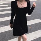 Long-sleeve Scallop Trim Mini A-line Dress