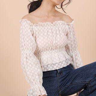 Flower Detail Off-shoulder Long-sleeve Peplum Top
