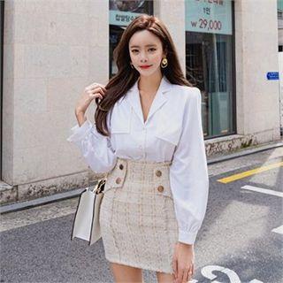 Padded Shoulder Faux-pearl Button Blouse