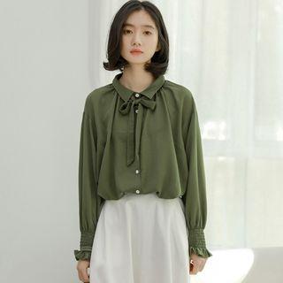 Ribbon Neck Shirt Green - One Size