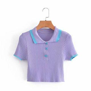 Short-sleeve Polo-neck Ribbed Knit Top Purple - S