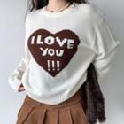 Lettering Heart Shape Round-neck Sweater Off-white - One Size