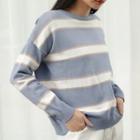 Round-neck Striped Knit Top Blue - One Size