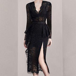 Plain Long-sleeve Midi Lace Dress