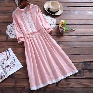 Long-sleeved Loose-fit A-line Cotton Plain Dress
