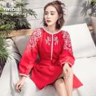 Lantern-sleeve Embroidered Mini Sundress