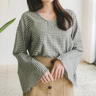 Round-neck Bell-sleeve Check Top