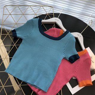 Square-neck Color-block Skinny Knitted Short-sleeve Crop Top