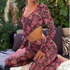 Set: Floral Print V-neck Cropped Top + Sweatpants
