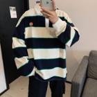 Applique Color-block Stripe Lapel Sweatshirt