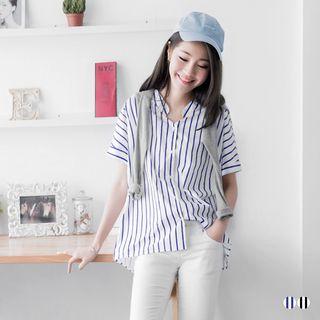 Short-sleeve Striped Blouse Black White - L